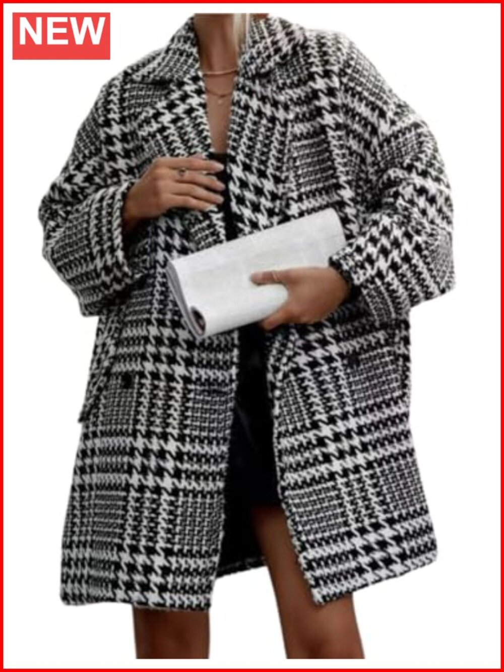 Wool Blend Houndstooth Double Breasted Peacoat Loose Warm Winter Mid Long Coat
